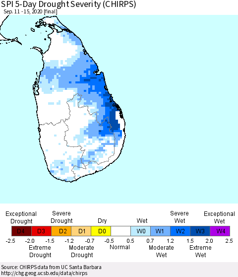 Sri Lanka SPI 5-Day Drought Severity (CHIRPS) Thematic Map For 9/11/2020 - 9/15/2020