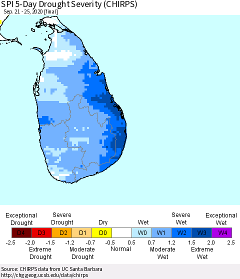 Sri Lanka SPI 5-Day Drought Severity (CHIRPS) Thematic Map For 9/21/2020 - 9/25/2020