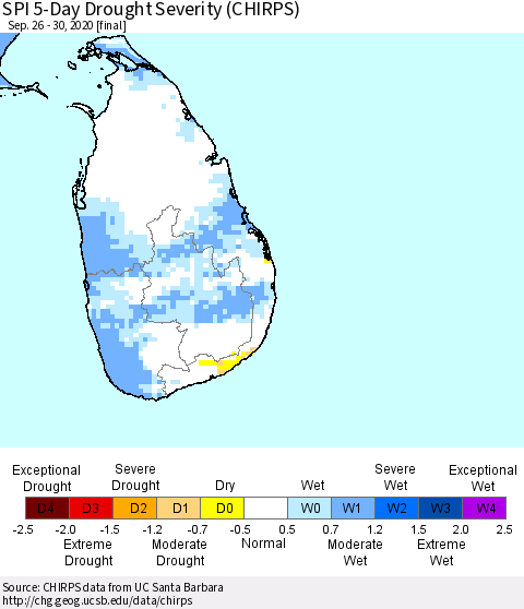 Sri Lanka SPI 5-Day Drought Severity (CHIRPS) Thematic Map For 9/26/2020 - 9/30/2020