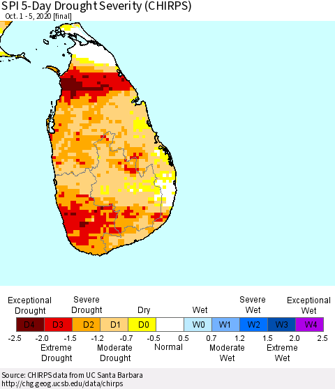 Sri Lanka SPI 5-Day Drought Severity (CHIRPS) Thematic Map For 10/1/2020 - 10/5/2020