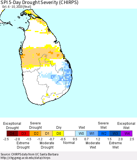Sri Lanka SPI 5-Day Drought Severity (CHIRPS) Thematic Map For 10/6/2020 - 10/10/2020