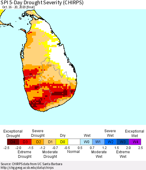 Sri Lanka SPI 5-Day Drought Severity (CHIRPS) Thematic Map For 10/16/2020 - 10/20/2020