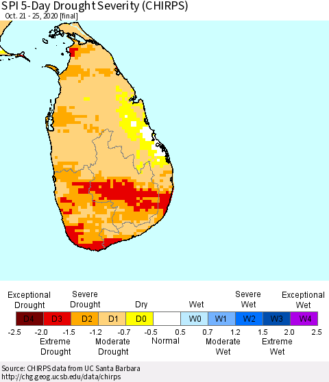 Sri Lanka SPI 5-Day Drought Severity (CHIRPS) Thematic Map For 10/21/2020 - 10/25/2020
