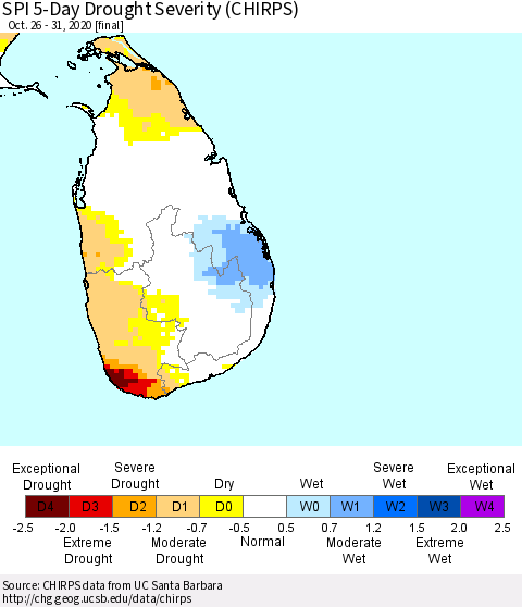 Sri Lanka SPI 5-Day Drought Severity (CHIRPS) Thematic Map For 10/26/2020 - 10/31/2020
