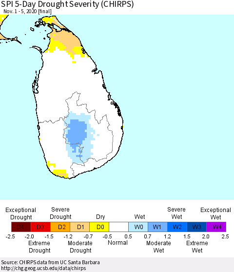 Sri Lanka SPI 5-Day Drought Severity (CHIRPS) Thematic Map For 11/1/2020 - 11/5/2020