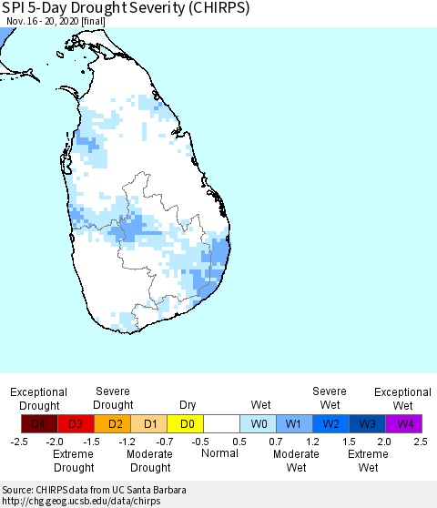 Sri Lanka SPI 5-Day Drought Severity (CHIRPS) Thematic Map For 11/16/2020 - 11/20/2020