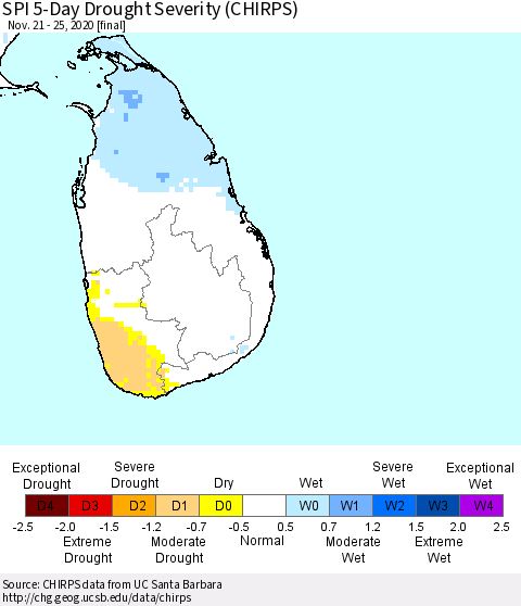 Sri Lanka SPI 5-Day Drought Severity (CHIRPS) Thematic Map For 11/21/2020 - 11/25/2020