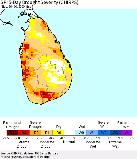 Sri Lanka SPI 5-Day Drought Severity (CHIRPS) Thematic Map For 11/26/2020 - 11/30/2020
