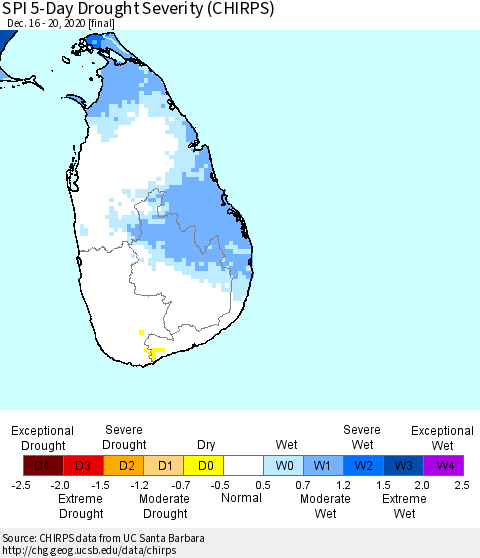 Sri Lanka SPI 5-Day Drought Severity (CHIRPS) Thematic Map For 12/16/2020 - 12/20/2020