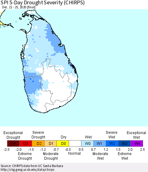 Sri Lanka SPI 5-Day Drought Severity (CHIRPS) Thematic Map For 12/21/2020 - 12/25/2020