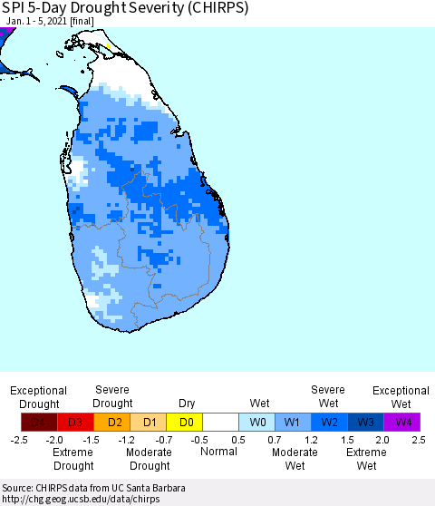 Sri Lanka SPI 5-Day Drought Severity (CHIRPS) Thematic Map For 1/1/2021 - 1/5/2021