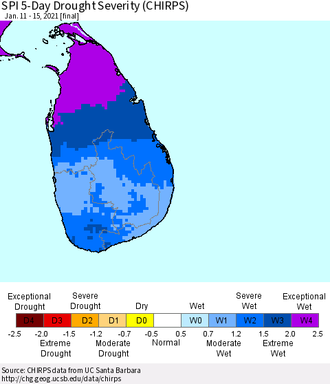 Sri Lanka SPI 5-Day Drought Severity (CHIRPS) Thematic Map For 1/11/2021 - 1/15/2021