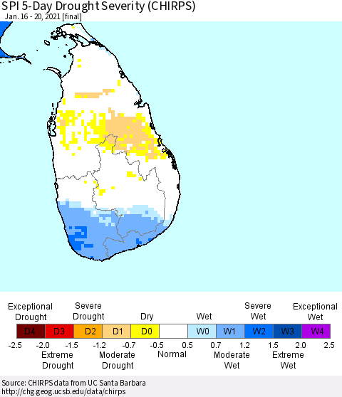 Sri Lanka SPI 5-Day Drought Severity (CHIRPS) Thematic Map For 1/16/2021 - 1/20/2021