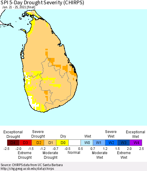 Sri Lanka SPI 5-Day Drought Severity (CHIRPS) Thematic Map For 1/21/2021 - 1/25/2021