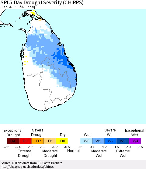 Sri Lanka SPI 5-Day Drought Severity (CHIRPS) Thematic Map For 1/26/2021 - 1/31/2021