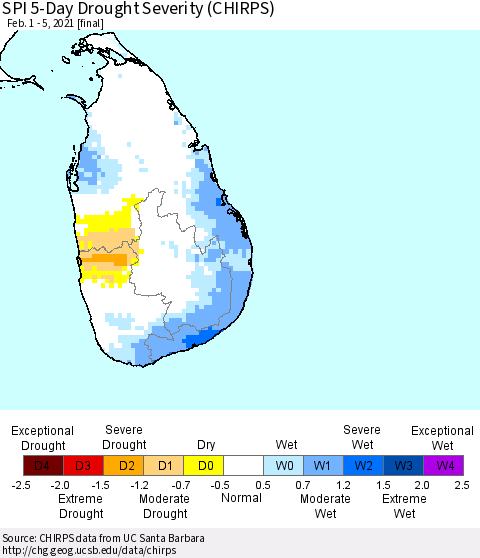 Sri Lanka SPI 5-Day Drought Severity (CHIRPS) Thematic Map For 2/1/2021 - 2/5/2021