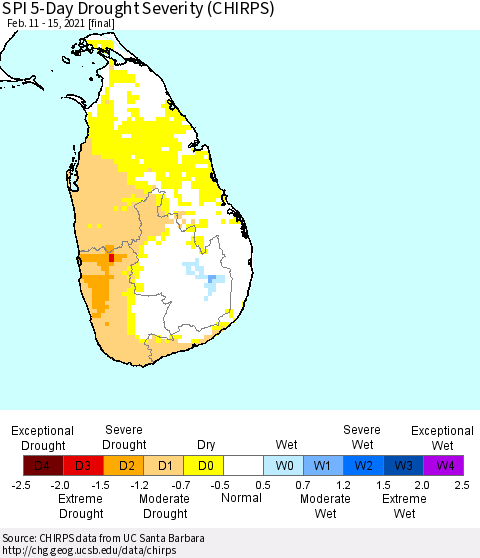 Sri Lanka SPI 5-Day Drought Severity (CHIRPS) Thematic Map For 2/11/2021 - 2/15/2021
