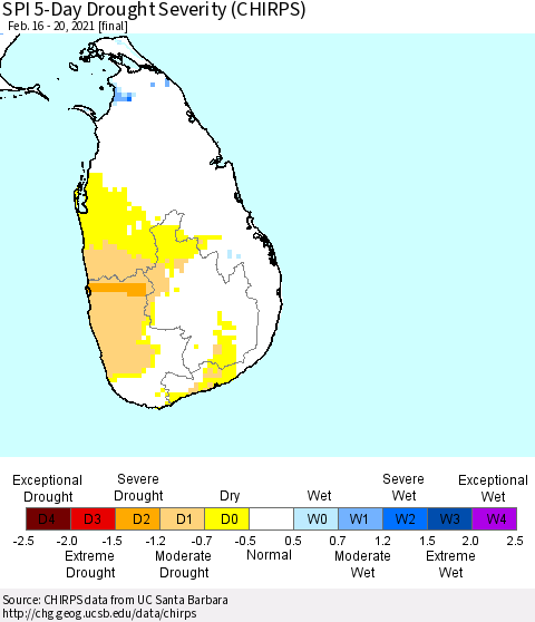 Sri Lanka SPI 5-Day Drought Severity (CHIRPS) Thematic Map For 2/16/2021 - 2/20/2021