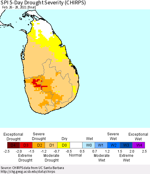 Sri Lanka SPI 5-Day Drought Severity (CHIRPS) Thematic Map For 2/26/2021 - 2/28/2021