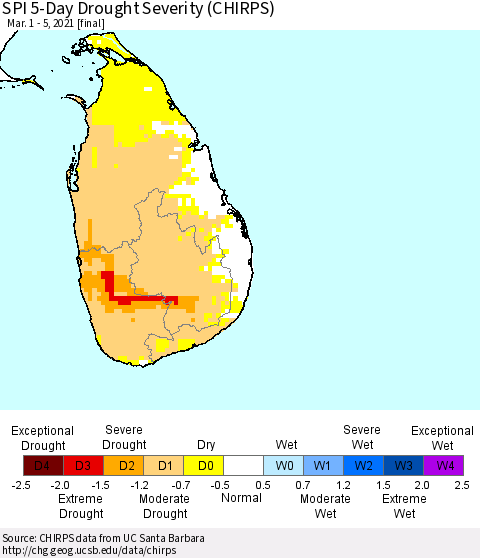 Sri Lanka SPI 5-Day Drought Severity (CHIRPS) Thematic Map For 3/1/2021 - 3/5/2021