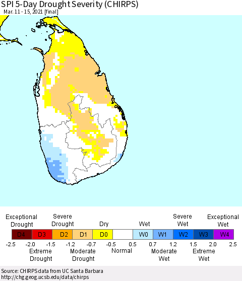 Sri Lanka SPI 5-Day Drought Severity (CHIRPS) Thematic Map For 3/11/2021 - 3/15/2021