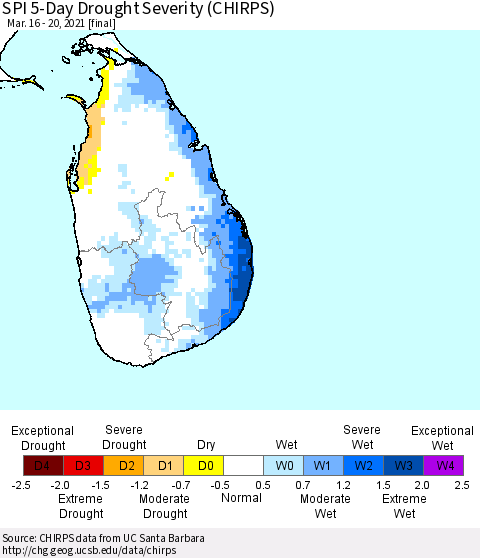 Sri Lanka SPI 5-Day Drought Severity (CHIRPS) Thematic Map For 3/16/2021 - 3/20/2021