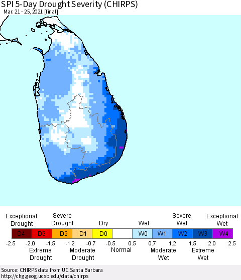 Sri Lanka SPI 5-Day Drought Severity (CHIRPS) Thematic Map For 3/21/2021 - 3/25/2021