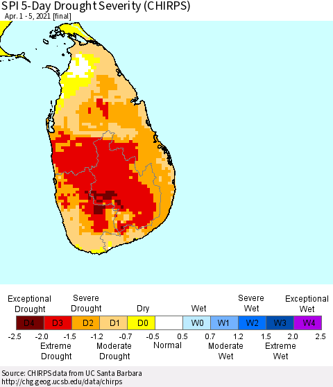 Sri Lanka SPI 5-Day Drought Severity (CHIRPS) Thematic Map For 4/1/2021 - 4/5/2021
