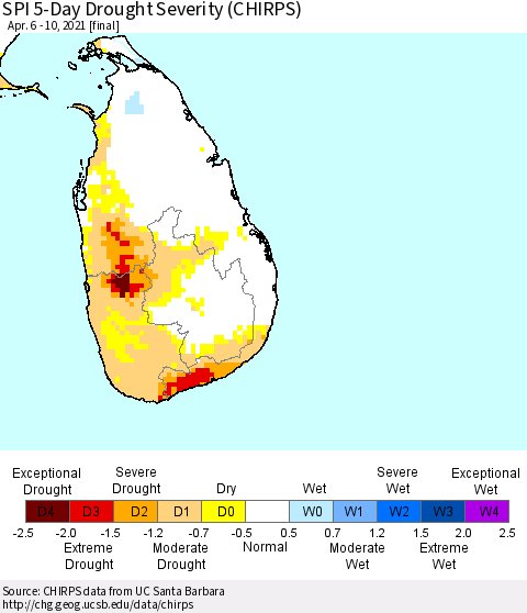 Sri Lanka SPI 5-Day Drought Severity (CHIRPS) Thematic Map For 4/6/2021 - 4/10/2021