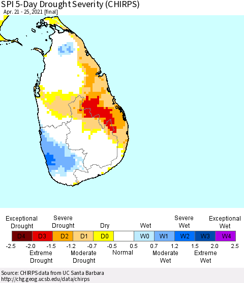 Sri Lanka SPI 5-Day Drought Severity (CHIRPS) Thematic Map For 4/21/2021 - 4/25/2021
