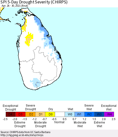 Sri Lanka SPI 5-Day Drought Severity (CHIRPS) Thematic Map For 4/26/2021 - 4/30/2021