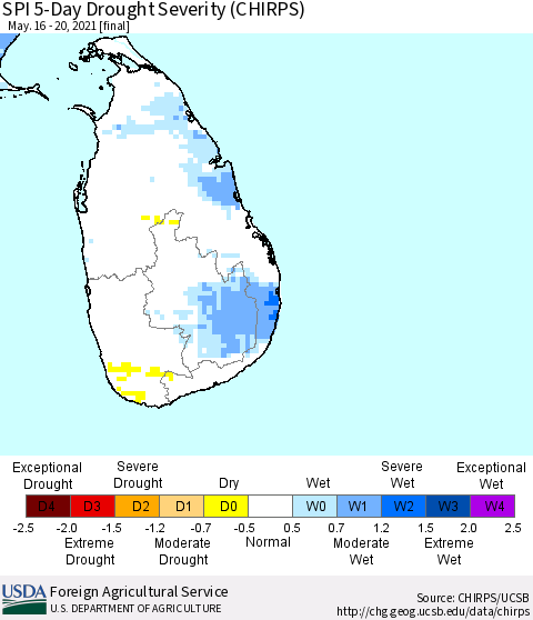 Sri Lanka SPI 5-Day Drought Severity (CHIRPS) Thematic Map For 5/16/2021 - 5/20/2021