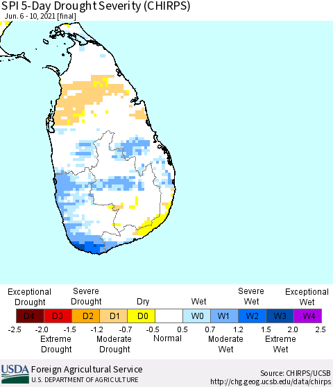 Sri Lanka SPI 5-Day Drought Severity (CHIRPS) Thematic Map For 6/6/2021 - 6/10/2021