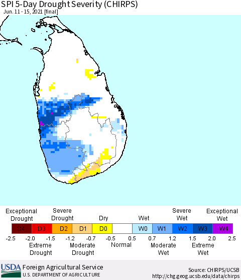 Sri Lanka SPI 5-Day Drought Severity (CHIRPS) Thematic Map For 6/11/2021 - 6/15/2021