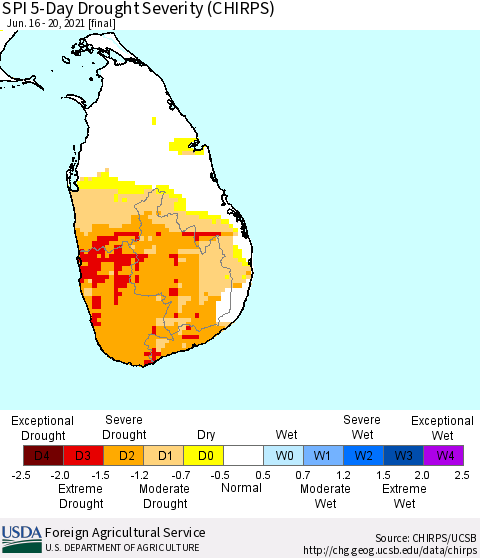 Sri Lanka SPI 5-Day Drought Severity (CHIRPS) Thematic Map For 6/16/2021 - 6/20/2021