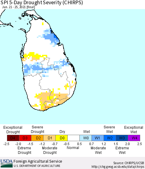 Sri Lanka SPI 5-Day Drought Severity (CHIRPS) Thematic Map For 6/21/2021 - 6/25/2021