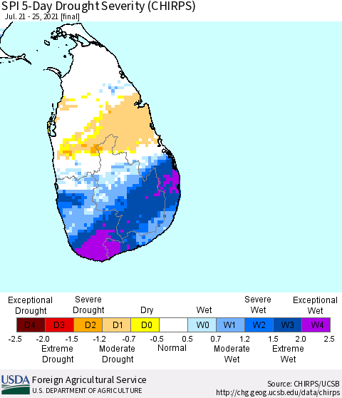 Sri Lanka SPI 5-Day Drought Severity (CHIRPS) Thematic Map For 7/21/2021 - 7/25/2021