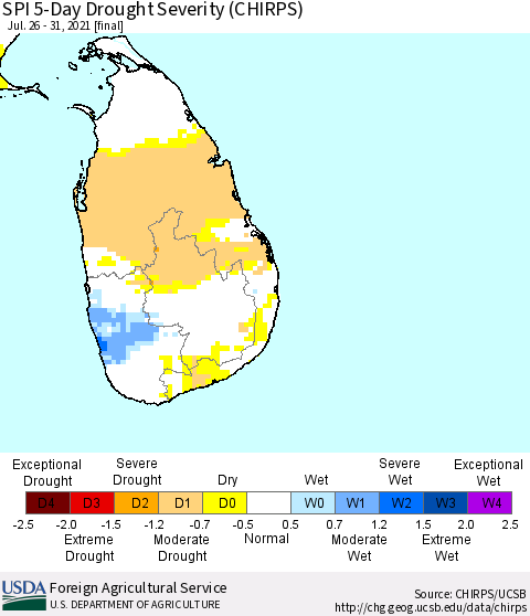 Sri Lanka SPI 5-Day Drought Severity (CHIRPS) Thematic Map For 7/26/2021 - 7/31/2021