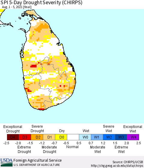 Sri Lanka SPI 5-Day Drought Severity (CHIRPS) Thematic Map For 8/1/2021 - 8/5/2021