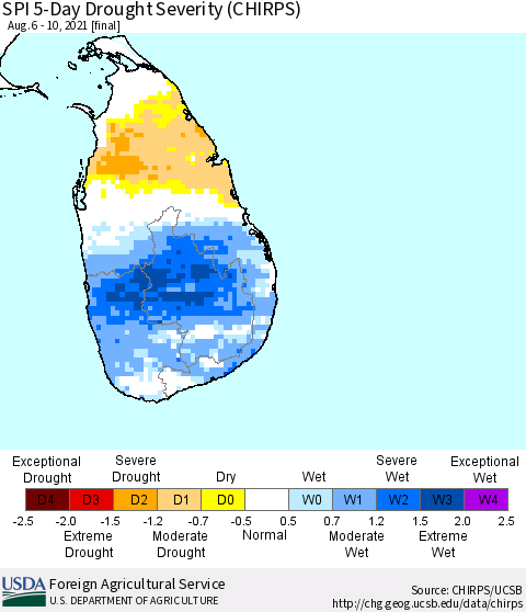 Sri Lanka SPI 5-Day Drought Severity (CHIRPS) Thematic Map For 8/6/2021 - 8/10/2021