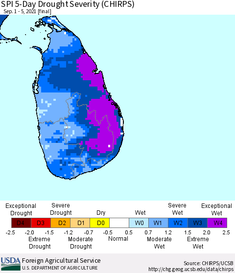 Sri Lanka SPI 5-Day Drought Severity (CHIRPS) Thematic Map For 9/1/2021 - 9/5/2021