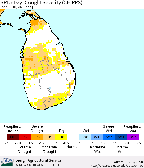 Sri Lanka SPI 5-Day Drought Severity (CHIRPS) Thematic Map For 9/6/2021 - 9/10/2021