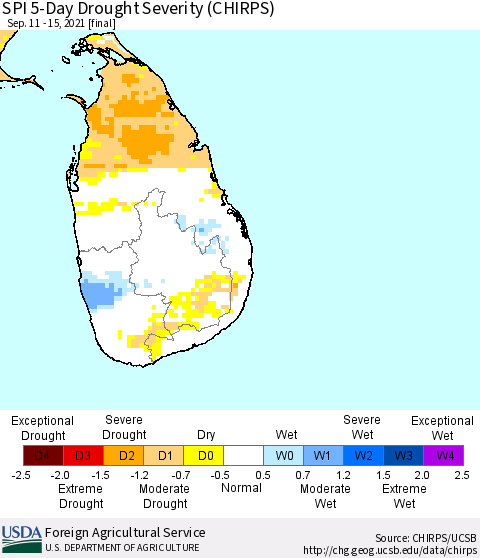 Sri Lanka SPI 5-Day Drought Severity (CHIRPS) Thematic Map For 9/11/2021 - 9/15/2021