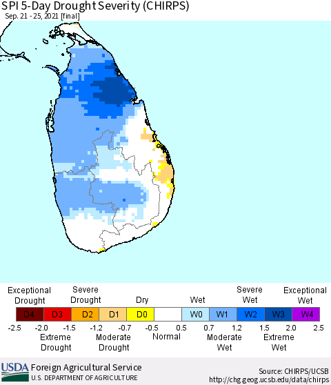 Sri Lanka SPI 5-Day Drought Severity (CHIRPS) Thematic Map For 9/21/2021 - 9/25/2021