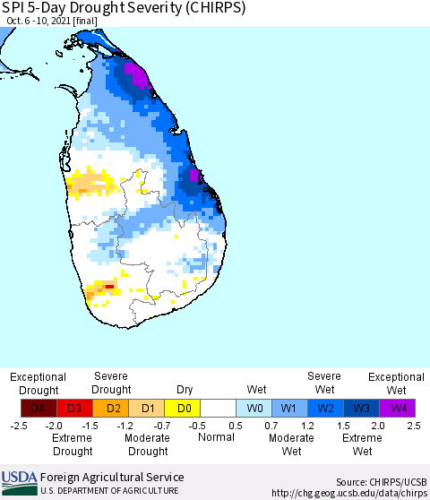 Sri Lanka SPI 5-Day Drought Severity (CHIRPS) Thematic Map For 10/6/2021 - 10/10/2021