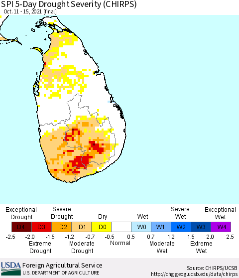 Sri Lanka SPI 5-Day Drought Severity (CHIRPS) Thematic Map For 10/11/2021 - 10/15/2021