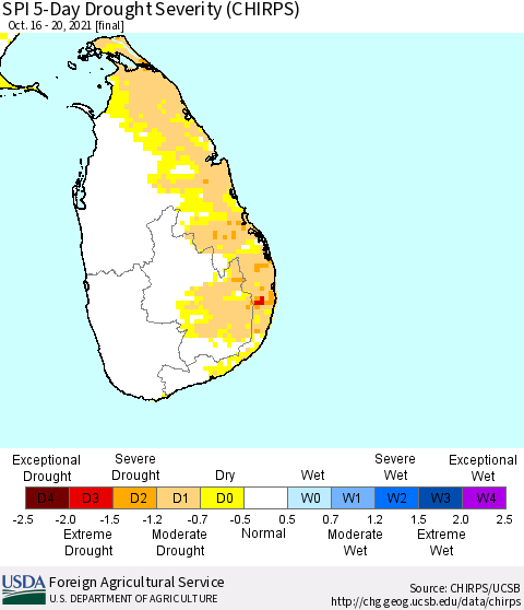 Sri Lanka SPI 5-Day Drought Severity (CHIRPS) Thematic Map For 10/16/2021 - 10/20/2021