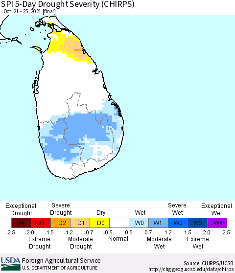 Sri Lanka SPI 5-Day Drought Severity (CHIRPS) Thematic Map For 10/21/2021 - 10/25/2021