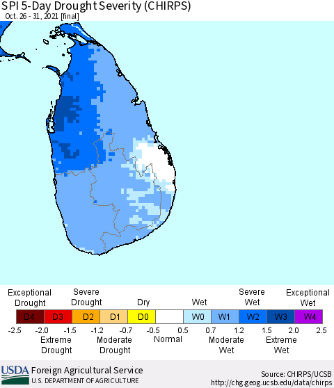Sri Lanka SPI 5-Day Drought Severity (CHIRPS) Thematic Map For 10/26/2021 - 10/31/2021