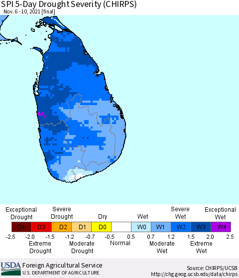 Sri Lanka SPI 5-Day Drought Severity (CHIRPS) Thematic Map For 11/6/2021 - 11/10/2021